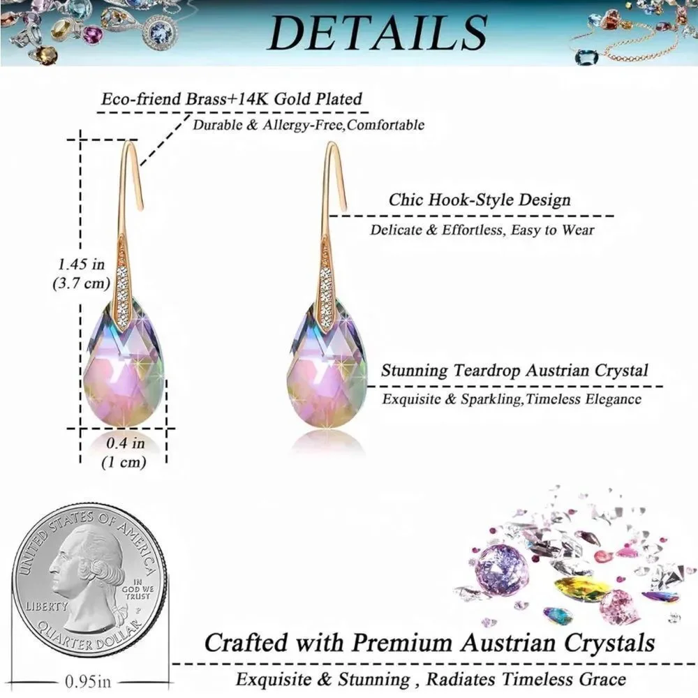 14K Yellow Gold with Rainbow Topaz Austrian Crystal Teardrop Drop Hook Earrings